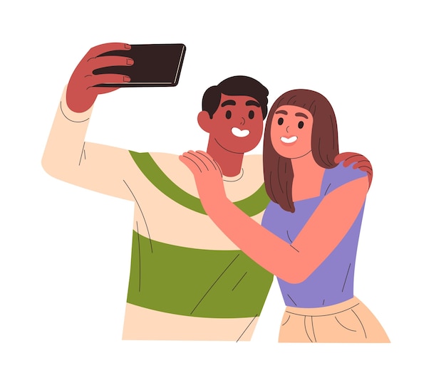 Vector una pareja tomando selfies en el teléfono mientras se abrazan