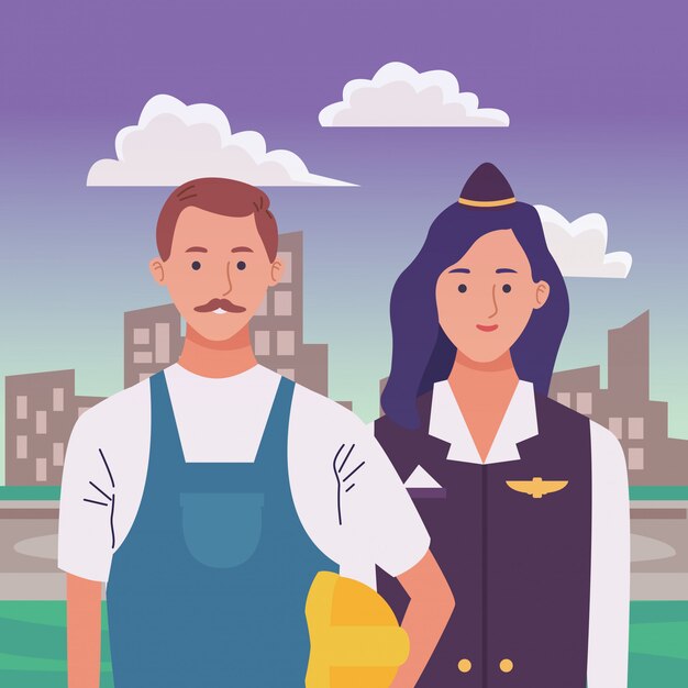 Pareja de trabajadores profesionales dibujos animados sonrientes