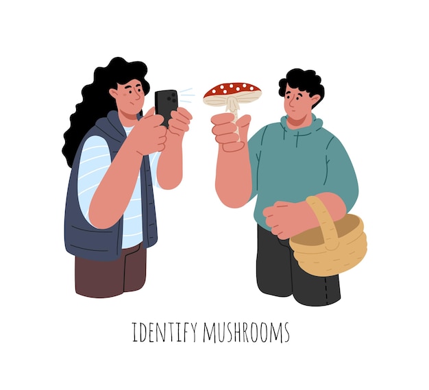 Pareja tratando de identificar setas con aplicación móvilSetas venenosas peligrosas