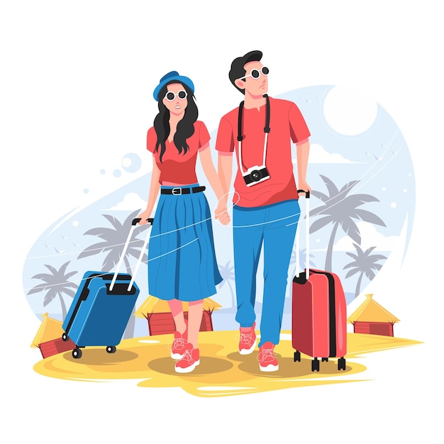 Vector pareja de turistas con ilustración de bolsas de viaje