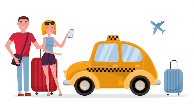 Pareja de turistas joven y mujer con maletas esperando taxi