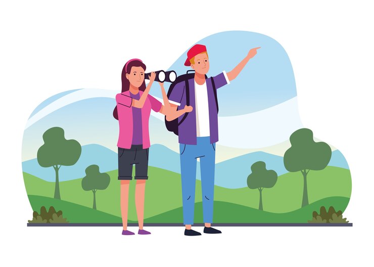 Vector pareja de turistas de pie con binoculares en los personajes del campamento