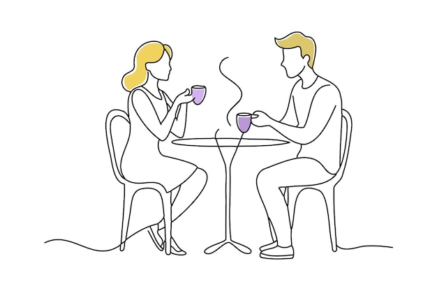 pareja ubicada en un café dibujando una ilustración vectorial de arte de líneas continuas