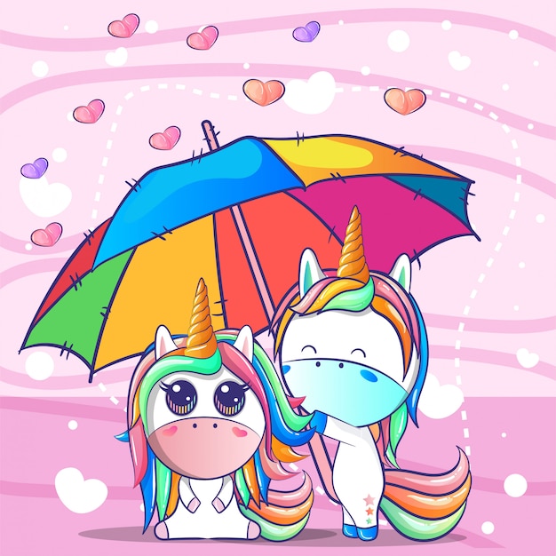 Una pareja unicornio bajo una sombrilla.