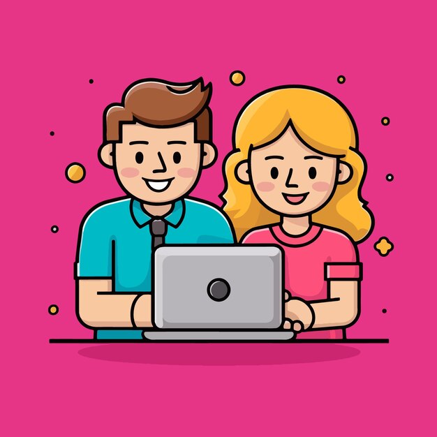 Una pareja usando la ilustración del icono vectorial de la computadora portátil