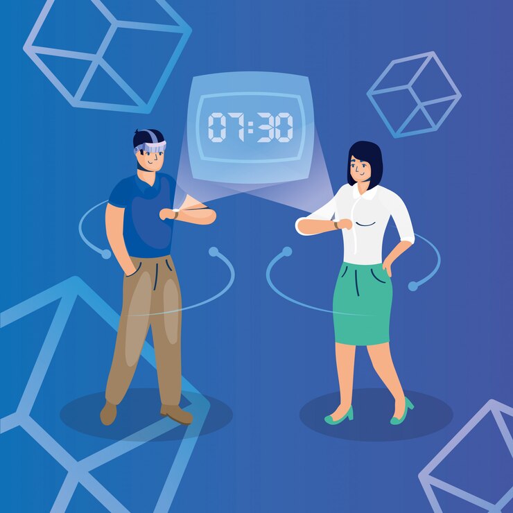 Vector pareja usando realidad virtual tech en smartwatch