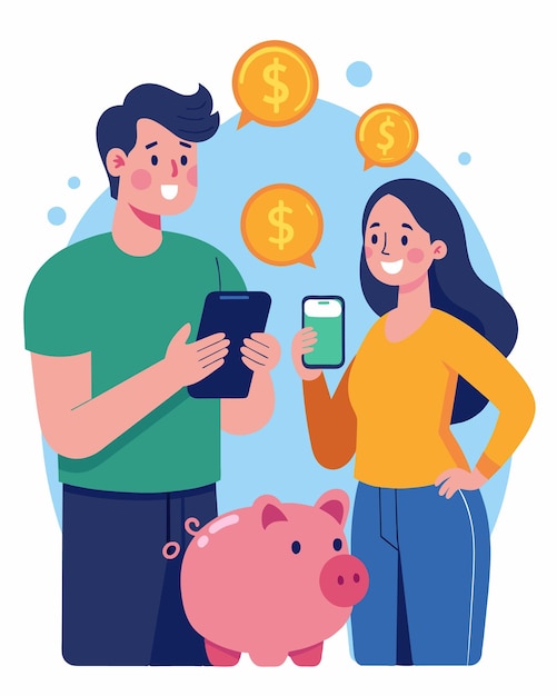 Una pareja usando su aplicación de micro ahorro para ahorrar para su futuro juntos ilustración vectorial