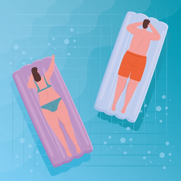 Vector pareja usando traje de baño, pareja flotando, tomando el sol relajante en inflable, en la piscina, temporada de vacaciones de verano