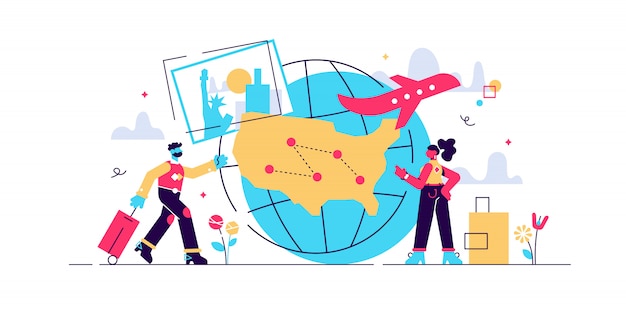 Pareja de vacaciones, alrededor del viaje mundial. Tour de agencia de viajes. Dentro del país que viaja, turismo local, aprenda el concepto de su país. Ilustración aislada violeta vibrante brillante