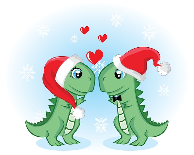 Pareja de vacaciones dino con amor y sombreros de santa