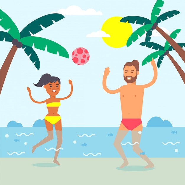 Pareja en vacaciones de verano, gente jugando a la pelota en el mar, hombre y mujer de ocio
