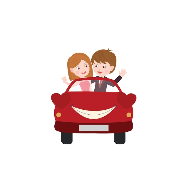 Pareja en vector de coche rojo clásico aislado sobre fondo blanco. pareja divirtiéndose ilustración.