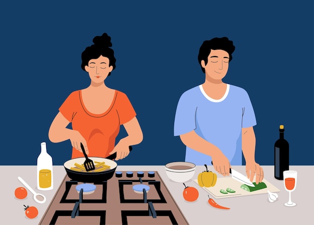 Pareja de vector cocinando togeater. Mujer de dibujos animados asa patatas en la estufa, hombre cortando verduras. Personas que preparan alimentos saludables en la cocina de su casa.