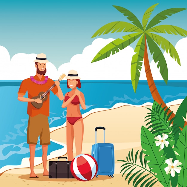 Vector pareja de verano en la caricatura de playa