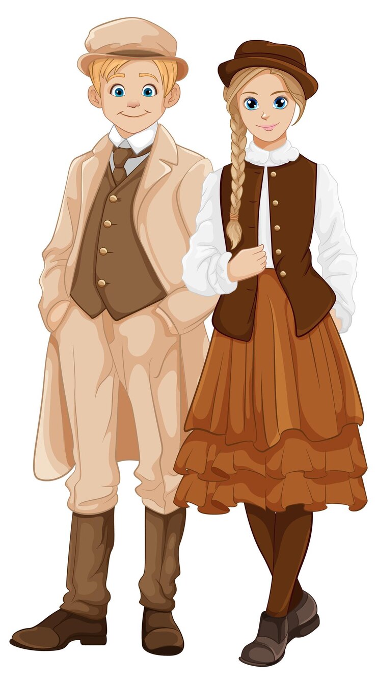 Vector una pareja vestida de época que irradia felicidad