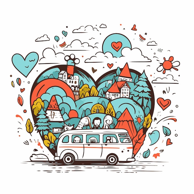 Vector pareja viajando en coche ilustración vectorial dibujada a mano para su diseño