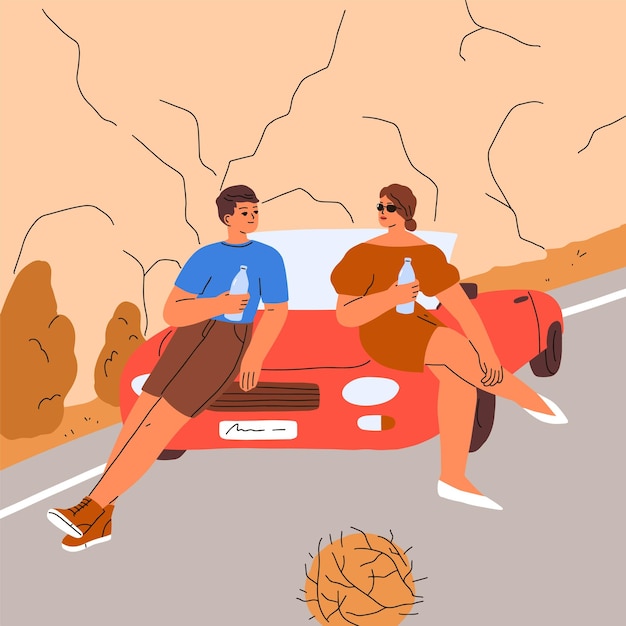 Pareja durante el viaje en coche en vacaciones de verano. escala después del viaje por carretera. los turistas hombres y mujeres se detienen para beber agua, relajarse en el capó del auto, fuera del convertible en un viaje de vacaciones. ilustración de vector plano.