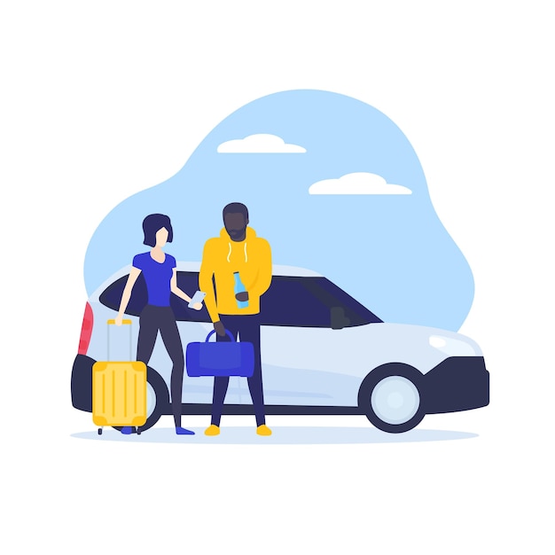 Pareja viajera usando la aplicación de autos compartidos, vector