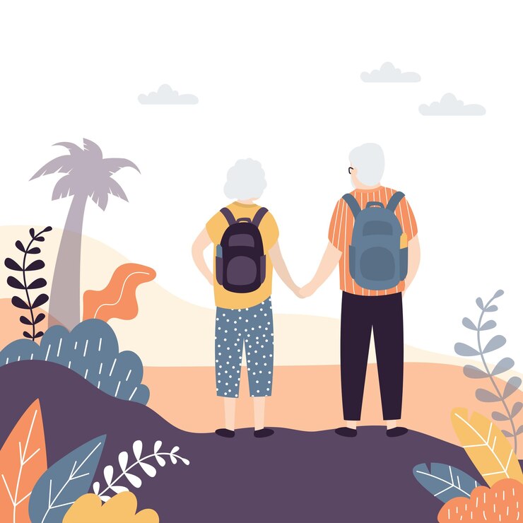 Vector una pareja de viejos turistas de pie en la cima de la montaña y mirando el paisaje abuelo y abuela