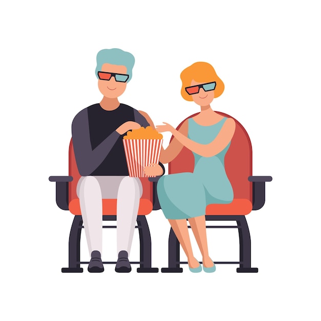 Pareja viendo una película en una sala de cine con gafas 3d y comiendo palomitas de maíz vector ilustración aislada sobre un fondo blanco