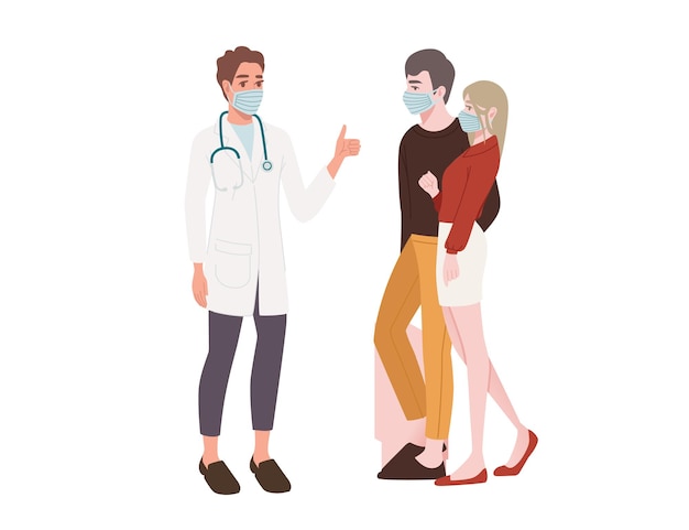 Una pareja visita a un médico jóvenes que usan máscara quirúrgica distancia social y diseño de personajes de dibujos animados de seguridad ilustración vectorial plana aislada en fondo blanco