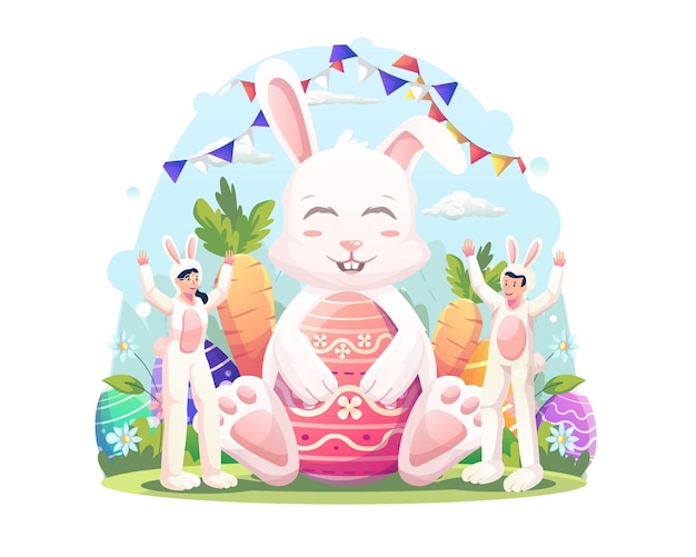 Una pareja se viste como conejitos el día de pascua con un gran conejito sosteniendo un huevo de pascua decorado ilustración vectorial de estilo plano