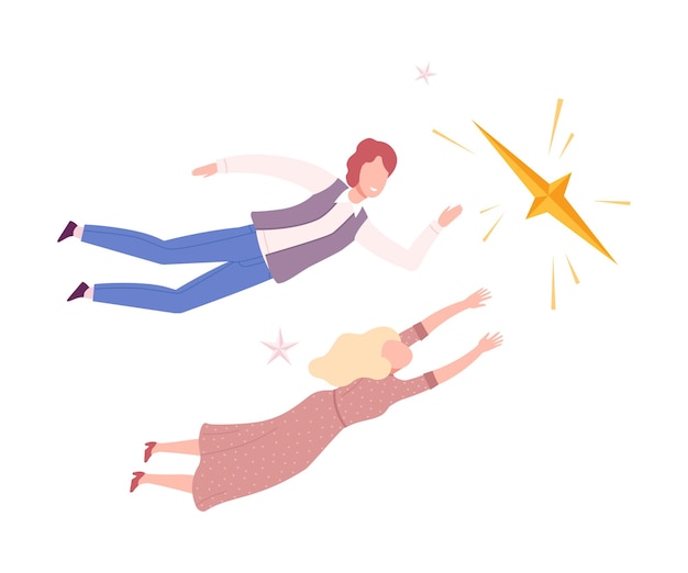 Pareja volando a las estrellas Hombre y mujer volando en sueños o en el cielo con ropa casual o de dormir Ilustración vectorial de estilo plano