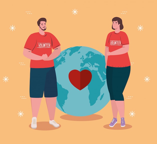 Pareja de voluntarios con camisa roja con concepto de donación de planeta y corazón mundial, caridad y asistencia social