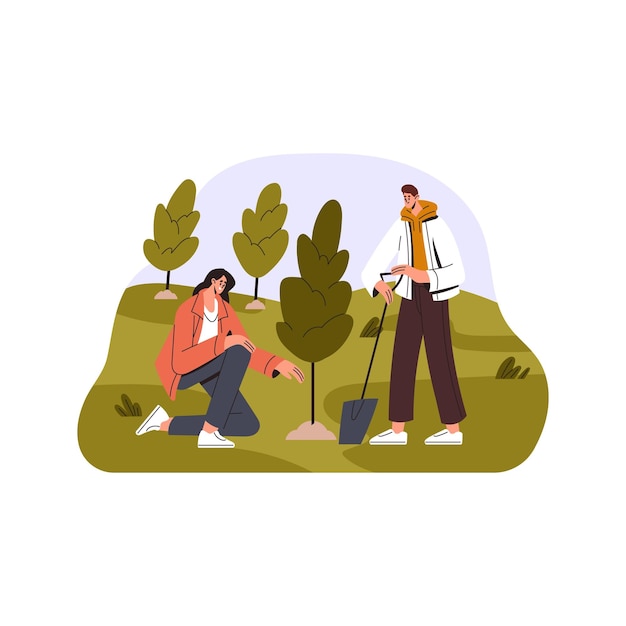 Pareja de voluntarios plantando árboles jóvenes en el parque natural Activistas ecológicos hombre y mujer en el trabajo voluntario para la reforestación del medio ambiente ecológico Ilustración vectorial plana aislada en fondo blanco