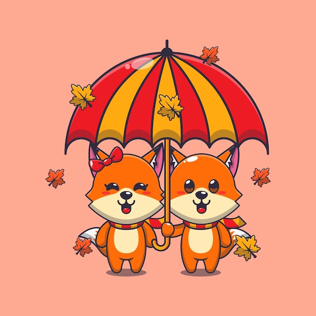 Una pareja de zorros con paraguas en la temporada de otoño Ilustración vectorial de dibujos animados