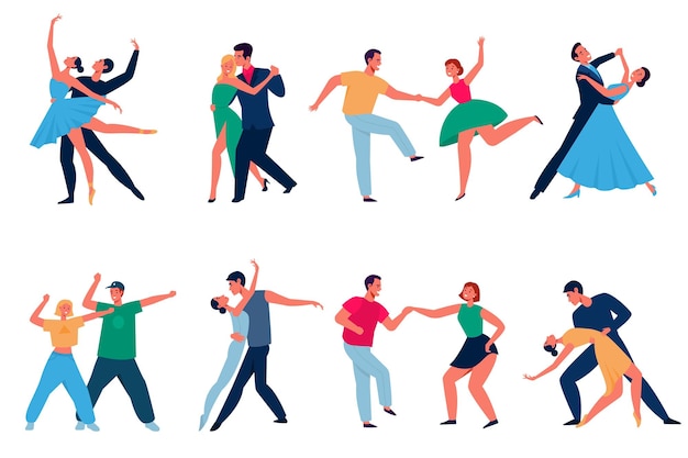 Parejas de bailarines de dibujos animados bailarines profesionales personajes hombres y mujeres en trajes de actuación tipos modernos bailan vals latino y tango y discoteca personas en el conjunto vectorial de la fiesta de música de salón