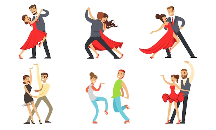 Vector parejas de bailarines establecen bailarines profesionales que realizan danzas clásicas y modernas ilustración vectorial