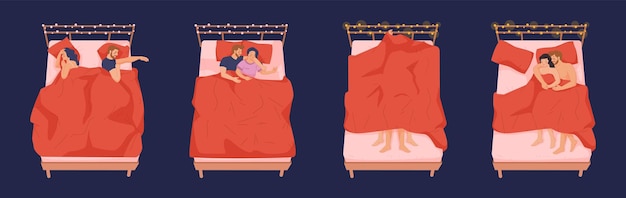 Parejas en la cama Pareja dormir posa en la noche hogar dormitorio romántico amantes sexo abrazo en hermosa ropa de cama marido esposa amor o problema íntimo placer sexual vector ilustración