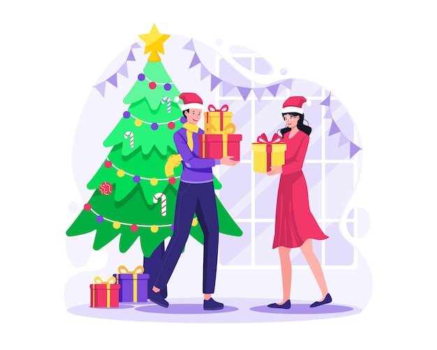 Las parejas se dan regalos para Navidad y la ilustración de celebración de vacaciones de invierno de año nuevo