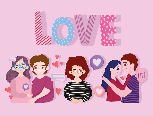 Parejas de dibujos animados amor texto y corazones dibujos animados románticos