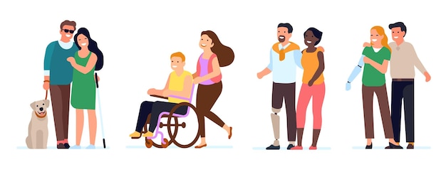 Parejas con discapacidades Hombres y mujeres discapacitados caminando juntos Personas lesionadas y ciegas Inválidos apoyan novio y novia saliendo Familia feliz con discapacidad Vector de personas discapacitadas