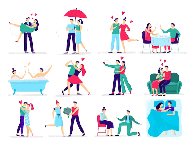 Parejas enamoradas Ama a la pareja en la cita, el amante hace una propuesta a la novia en el restaurante. Conjunto de ilustración de abrazos y besos