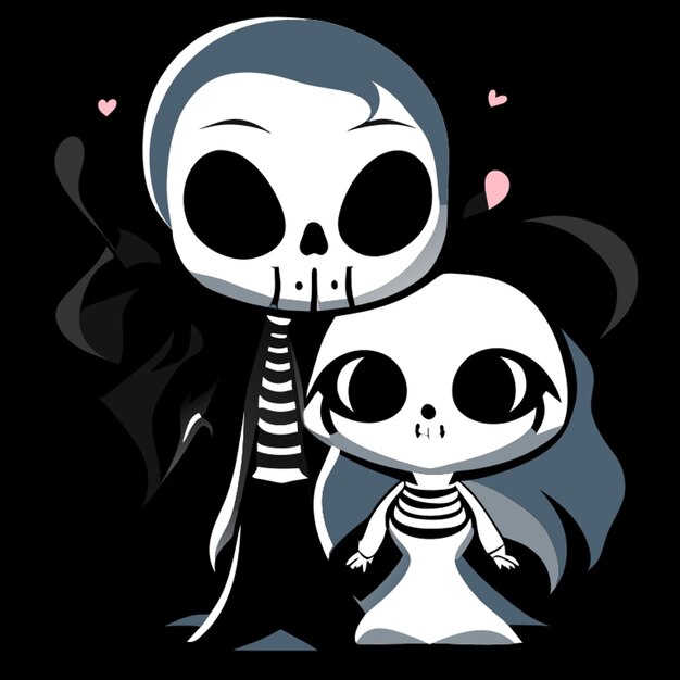 Vector parejas enamoradas los amantes en el estilo de esqueleto gráfico negro y blanco deathcore baja resolución