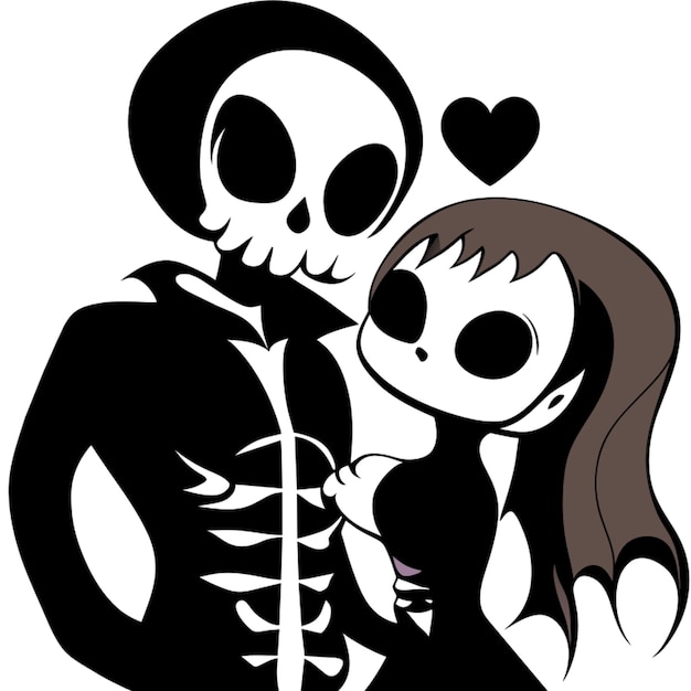 Vector parejas enamoradas los amantes en el estilo de esqueleto gráfico negro y blanco deathcore baja resolución