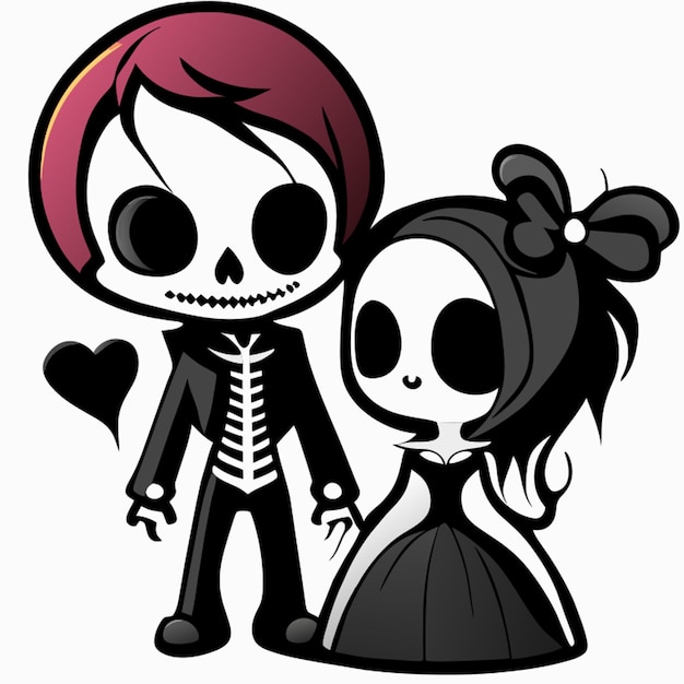 Vector parejas enamoradas los amantes en el estilo de esqueleto gráfico negro y blanco deathcore baja resolución