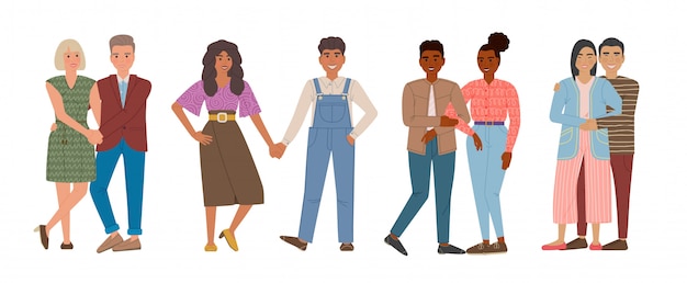 Vector parejas enamoradas. hombres y mujeres caminan juntos, abrazados y tomados de la mano. personajes de dibujos animados aislados.