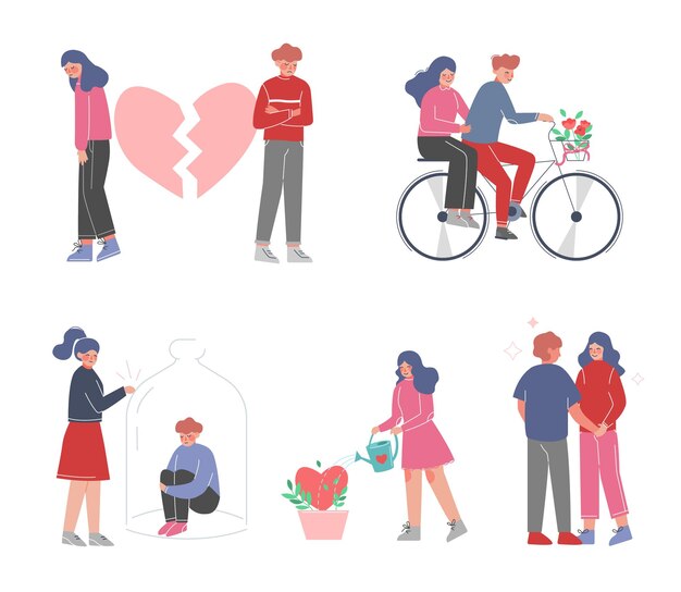 Parejas enamoradas relaciones establecen a una pareja en una cita romántica no correspondida o rechazada ilustración del vector del amor