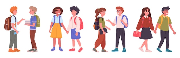Parejas de estudiantes de secundaria Amigos felices que van a la escuela alumnos de escuela masculinos y femeninos con mochilas conjunto de ilustraciones vectoriales planas Estudiantes de secundaria junior