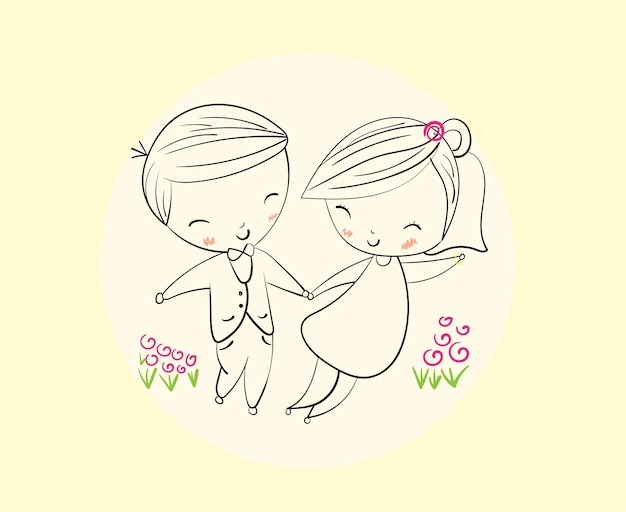 Parejas felices bailando en días brillantes Ilustración dibujada a mano en estilo sketch doodle