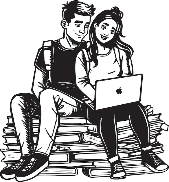 Parejas que codifican portátil en pila de libros con logotipo negro Vector fomentando la unidad Digital Delight Co