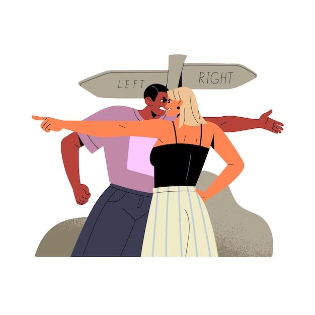 Parejas que se pelean, amantes que tienen conflictos de intereses, personas enojadas que discuten, diferencias de opinión en la relación, problemas de comunicación, ilustración de vector aislado plano en blanco.