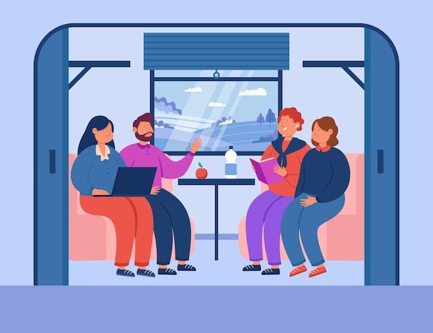 Parejas que viajan en tren ilustración vectorial plana. hombres y mujeres jóvenes reunidos en la estación de tren, hablando, sentados en un vagón, leyendo un libro, usando una laptop. transporte, concepto de viaje