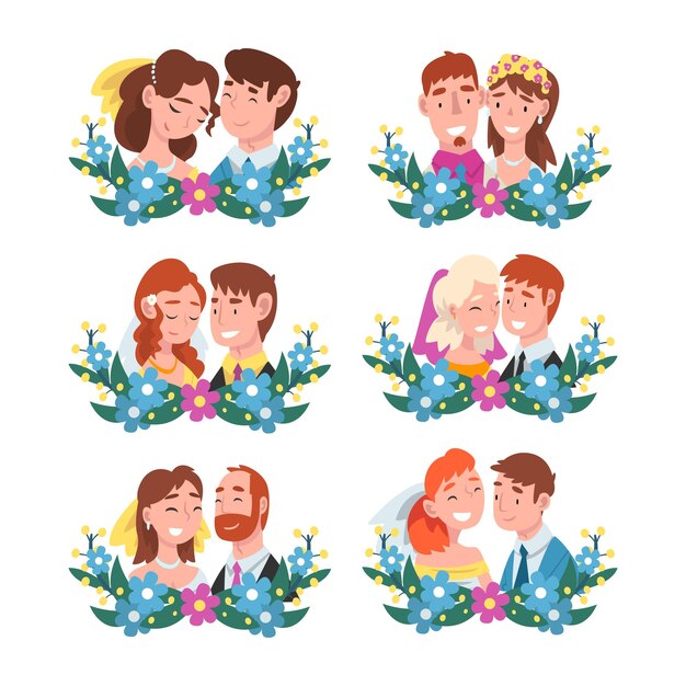 Parejas románticas felices en una corona de flores con ilustraciones vectoriales de dibujos animados