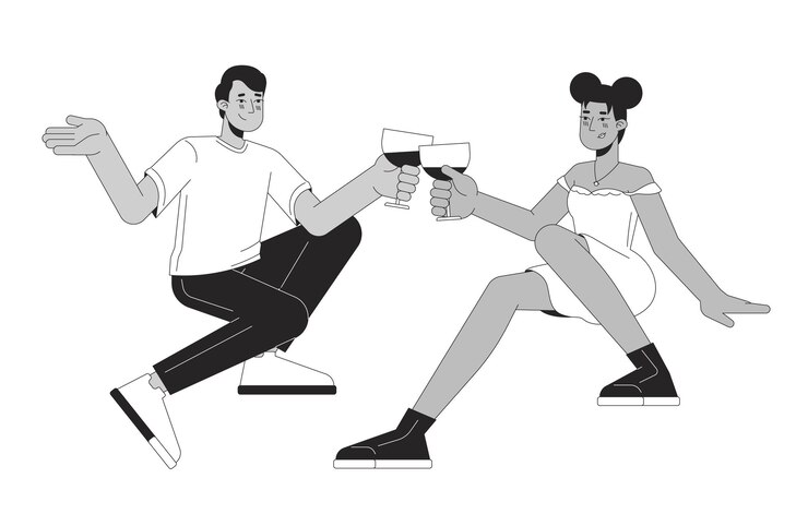 Parella interracial gafas sonando en blanco y negro 2D personajes de dibujos animados