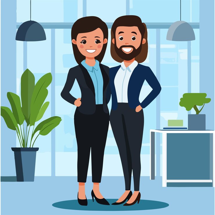 Vector parella de negocios profesional avatar personaje de dibujos animados espacio de trabajo interior